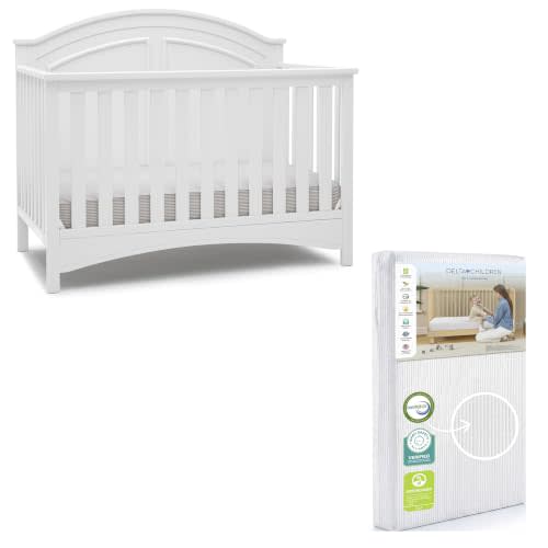 Delta Children Perry 6-in-1 Convertible Crib & Mattress, Bianca White | 2-Piece Nursery Furniture Set Includes 6-in-1 Convertible Crib + Waterproof Crib Mattress, GREENGUARD Gold Certified