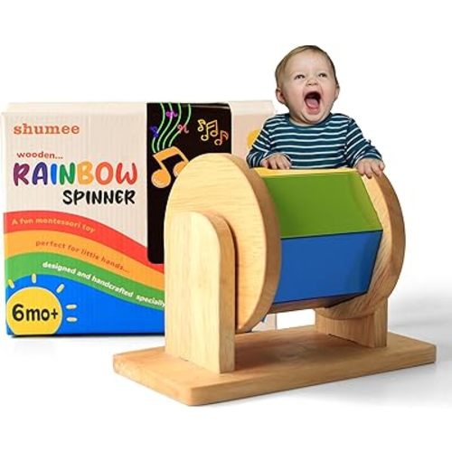 Montessori Wooden Rainbow Drum Spinning Toys for Babies 6-12 Months Toddlers | 100% Child Safe | Spinning Drum Baby Toy | Tummy Time Toy, Educational Toys for Early Development