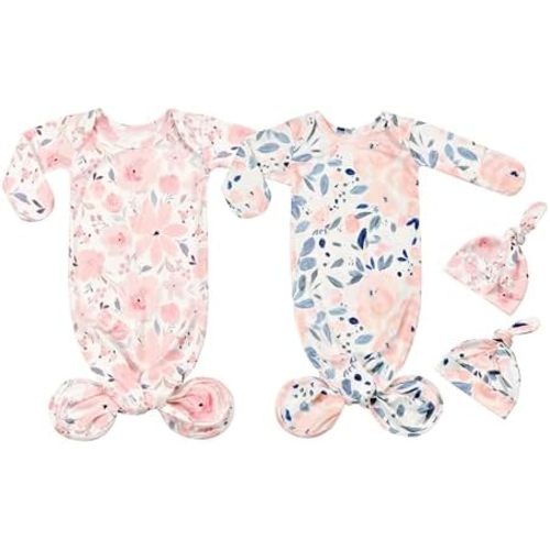 Newborn Baby Knotted Gown Sleeper Gown with Mittens Long Sleeve Nightgown Baby Coming Home Outfit with Hat 2 Pieces