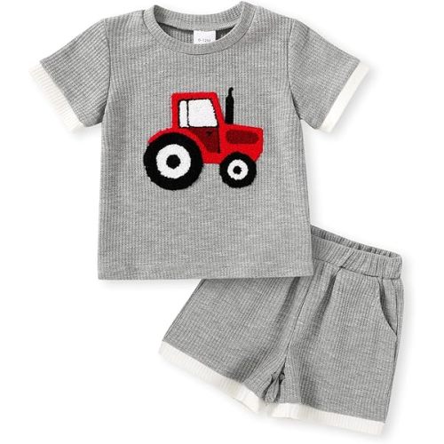 Happy Town Baby Boy Clothes Toddler Infant Summer Outfits Embroiderey Waffle Knit Shorts Set T Shirt Tees