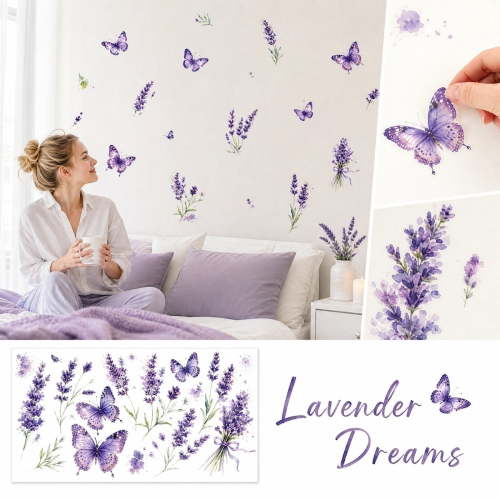 Purple Lavender Butterfly Wall Decals Watercolor Self Adhesive Removable Vinyl Stickers for Bedroom Living Room Nursery Home Decor DIY Art Mural PVC
