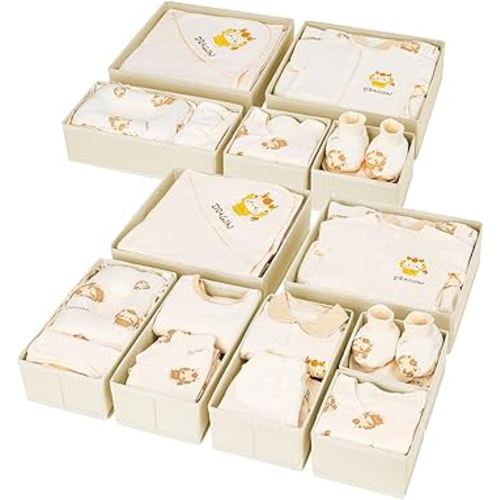 DIMJ Drawer Organizer Clothes 12 Pack - Foldable Baby Organizers and Storage & Dresser Organizer for Bedroom, Closet - Nursery Organization Dresser Dividers for underwear, Sock,Bra, Belt, Tie, Beige