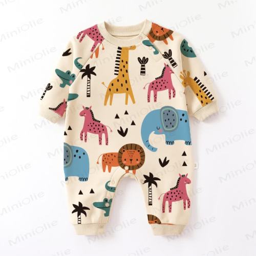 Baby Cartoon Animal Kingdom Beige Romper
