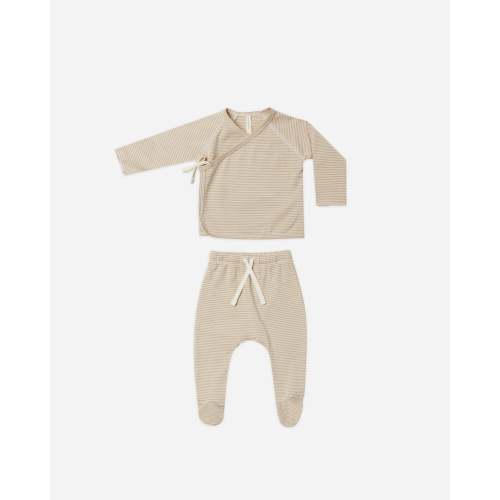 Wrap Top + Footed Pant Set || Latte Micro Stripe