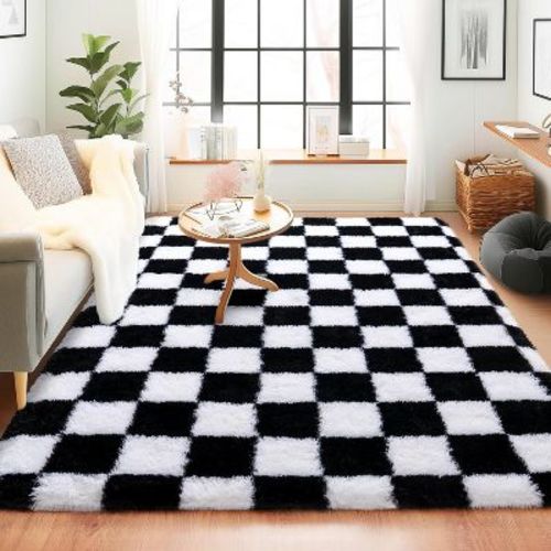 5x7 Feet Checkered Area Rugs For Living Room, Black Modern Super Soft Fluffy Rugs for Bedroom Home Aesthetic Decor black white 60x84 inch