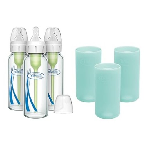 Dr. Brown's Anti-Colic Options+ Narrow Glass Baby Bottles 8 oz/250 mL, with Level 1 Slow Flow Nipple, 3 Pack 0m+ with Mint 100% Silicone Sleeves, BPA-Free
