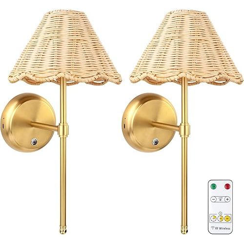 Folux Battery Operated Boho Rattan Wall Sconce Set of 2, Stepless Dimming Magnetic Wall Lamp, 5200mAh Rechargeable Battery and Integrated LED, for Living Room Bedroom Hallway Corridor