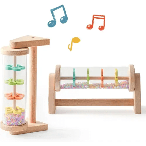 WOODEN TEETHER Wooden Soothing Rain Stick with Handle for 12 Months+ Babies Montessori Musical Baby Rattle Toys Calming Rainmaker for Early Sensory Development & Home Play