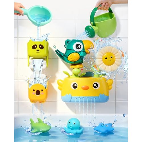 Bath Toys Toddlers 2-4, Mold Free Toddler Bath Toys for Kids Ages 1-3, Baby Bathtub Water Toys with Strong Suction Cups Waterfall Shower Toy with Bath Cups & Watering Can for 18+ Months Boy Girl Gifts