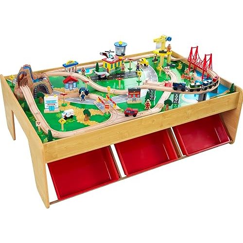 KidKraft Waterfall Mountain Wooden Train Set & Table with 120 Pieces, 3 Storage Bins