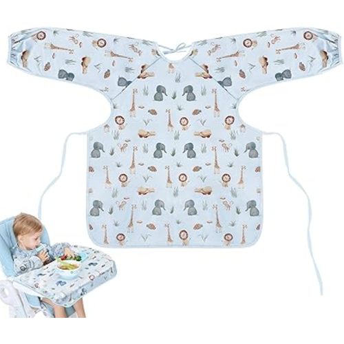 Vicloon Coverall Baby Feeding Bib, Weaning Bib Attaches to Highchair and Table, Long Sleeves Bib with Waterproof, Comfortable,Machine Washable, Baby Bib For 6 Month to 3 Years Old (Blue)
