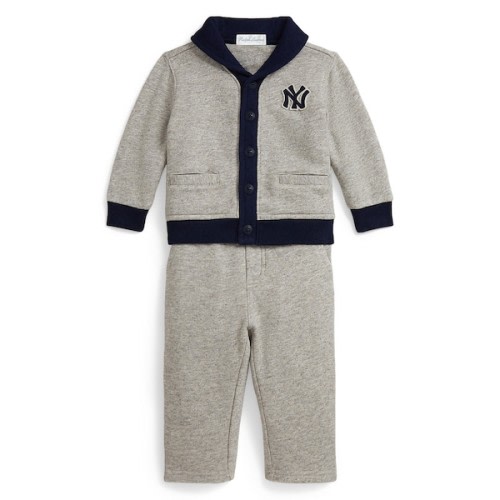 Newborn Yankees Polo Ralph Lauren Heather Gray/Navy Vintage Fleece Cardigan & Pant Set