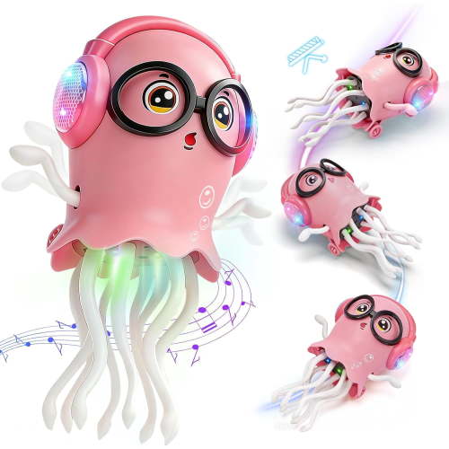 Dancing Jellyfish Baby Toy,Tummy Time Toys for Kids, Magic Electric Dancing Octopus Toy with Led Light and Music, Crawling Musical Baby Toys for 3 4 5 6 Birthday Gifts (Pink)