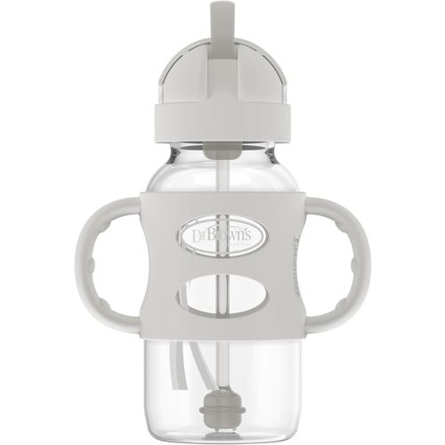Dr. Brown's Milestones Wide-Neck Sippy Straw Bottle with 100% Silicone Handles and Weighted Straw, 9 oz/270 mL, Gray, 6m+