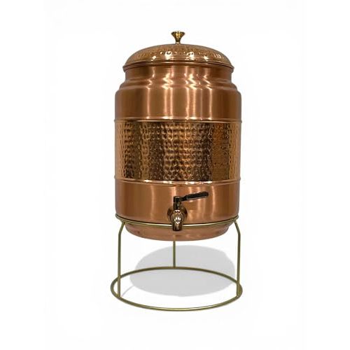 100% Pure Copper Water Dispenser Hammered Copper Drink Dispenser with Metal Tap & Lid, Sturdy Countertop Water Storage Pot for Home Kitchen Dining Use (Copper-2, 5 Litre)
