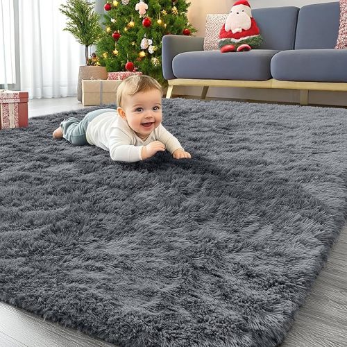OLANLY Area Rugs for Living Room Bedroom, Machine Washable 4x5.9 ft Soft Fluffy Shaggy Bedside Rug, Indoor Floor Carpet for Kids Girls and Boys, Dorms, Nursery Rooms, Home Decor Aesthetic, Grey