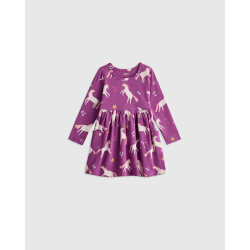 Organic Cotton Long Sleeve Fit and Flare Pocket Dress - Baby Girl in Purple Unicorn