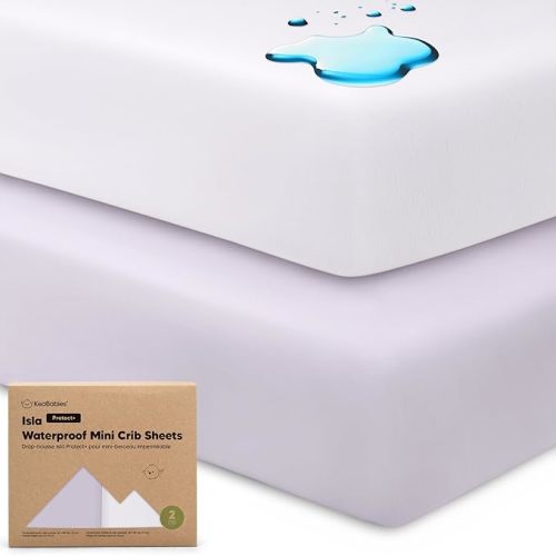 2-Pack Waterproof Pack and Play Sheets, Mini Crib Sheets Fitted for Boy, Girl - 38 x 26 Viscose from Bamboo Pack N Play Mattress Sheets for Graco, Toddler Playard Baby Crib Sheets Neutral (Lilac)