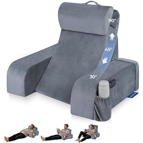 Reading Pillow with 30-90° Stepless Adjustable Angle & Height, 2 in 1 Back Wedge Pillow for Bed Sitting up with Detachable Arms Rest, Backrest Pillow for Reading/Gaming/Working in Bed or Couch, Large