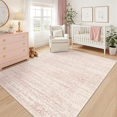 Soalmost Pink 5x7 Area Rugs for Baby Girl Nursery, Washable Rugs Vintage Floral Non-Slip Low Pile Soft Throw Carpet for Living Room Dining Room Bedroom Kids Playroom (Pink, 5'x7')