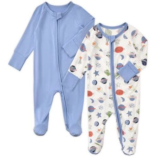 Aablexema Baby Rayon of Bamboo Footed Pajamas 2pcs(Blue Space, 3-6m)