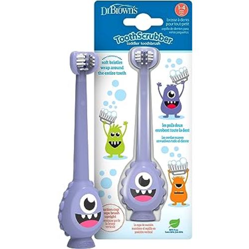 Dr. Brown's ToothScrubber Toothbrush, Three-Sided Toddler Training Toothbrush for Ages 1-4 Years with Suction Cup Base and Color Changing Bristles