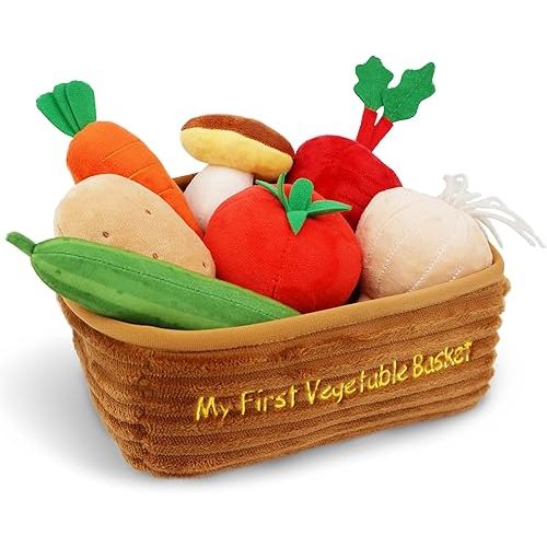 June Garden My First Vegetable Basket - 7 Pcs Plush Interactive Pretend Play Food Playset - Includes Basket Carrier, Cucumber, Carrot, Tomato, Potato, Mushroom, Radish and Garlic - Ages 2+