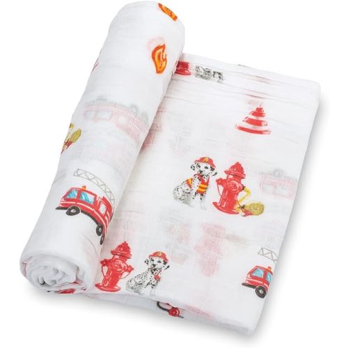 LollyBanks Muslin Swaddle Blanket, 100% Muslin Cotton Swaddle Blankets for Baby Boys, 47 X 47 Inches Soft and Cozy Blankets for Newborn Baby, Newborn Essential, Registry (Fireman Dog Print)