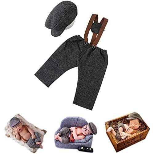 Coberllus Newborn Baby Photography Photo Props Checked Fabric Boys Flat Cap & Suspender Pants Romper Photography