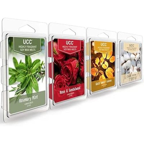 UCC Wax Melts, Soy Wax Cubes Strong Scent Long Lasting Premium Scented Mix Melts Tarts-Wild Mint & Eucalyptus, Rose & Sandalwood, Gold Amber Leaves, Clean Cotton - 4 Pack