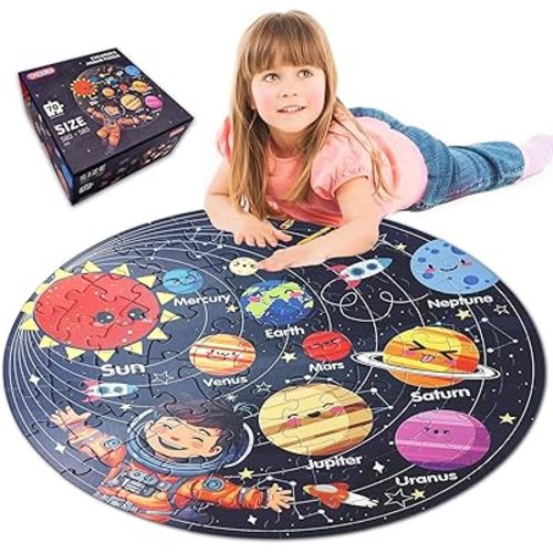 Puzzles for Kids Ages 4-6 with Solar System Planets, 70 Piece Round Large Kids Floor Puzzles for Ages 3 4 5 6 7 8, Educational Toy Gift Jigsaw Puzzles for 5 Year Old Boys Girls