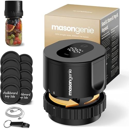 Mason Genie - Mason Jar Vacuum Sealer Kit, Electric Vacuum Sealer for Regular Mouth and Wide Mouth Canning Jars, Fully Automated and Portable, includes 10 Chalkboard Top Lids
