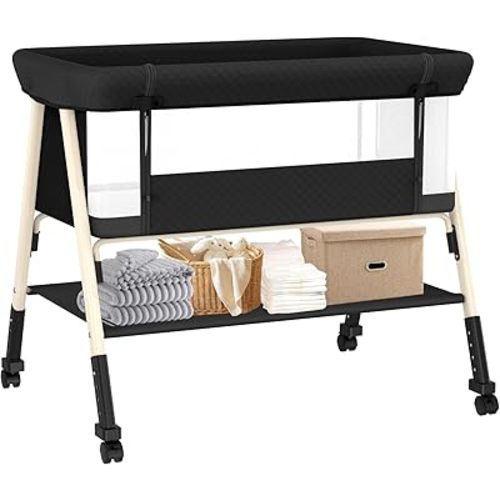 Baby Bassinet, 3-in-1 Baby Bassinets Bedside Sleeper for Newborn with Breathable Mesh, Portable Baby Crib with 4- Adjustable Height, Mattress, Storage Basket & Lockable Wheels, CPSC Black