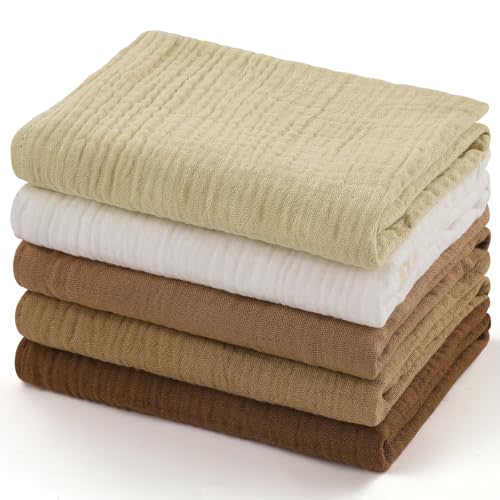 MUKIN Baby Washcloths,Muslin Burp Cloths Towels for Newborns,Absorbent Cotton Bath Face Towel ，5 Pack, 12x12 Inches (Amber Glow)