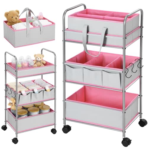 FoldTier 2in1 Baby Diaper Caddy Organizer Cart 3 Tier Large Capacity Metal Utility Bedside Rolling Cart with Divider Newborn Registry Nursery Essential Must Have Bedroom Gift Baby Shower(Pink)