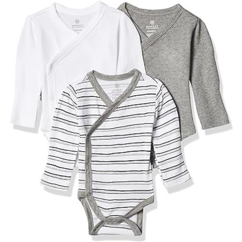 HonestBaby unisex-baby 3-pack Long Sleeve Side-snap Kimono Bodysuits Organic Cotton for Infant Baby Boys, Girls, Unisex