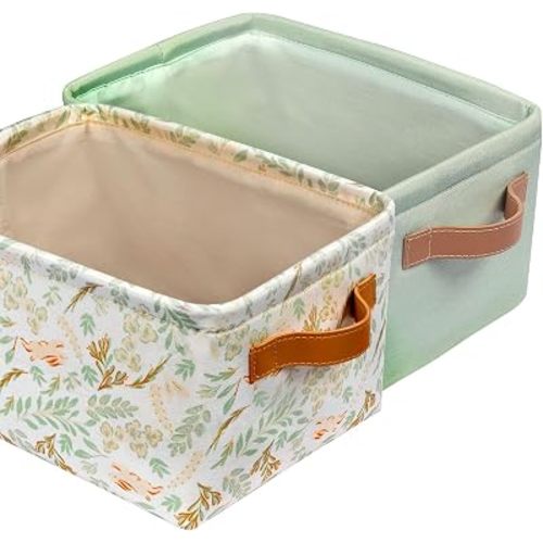 Fabric Storage Bins Cute for Nursery 8"x5.2"x10" - Collapsible Woodland & Green Kids Baskets with Handles 2 Pack, Hamper Fabric Bin, Toy Toddler Basket, Diaper Storage Bins, Baby Room Decor