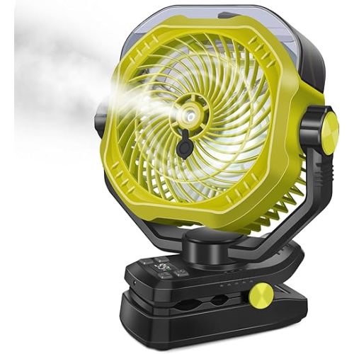 Portable Rechargeable Misting Fan with 12oz Mist, Battery Life Display, Remote, Timer, Light, 5 Speeds, 9-Inch, 20000mAh 120H Battery Powered Clip Fan for Stroller, Travel, Outdoor, Poweroutage