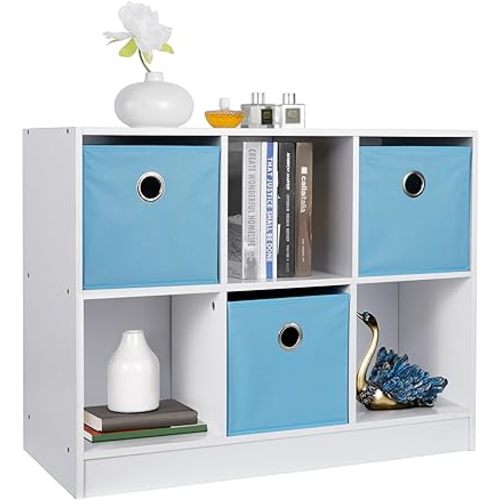 SUPER DEAL 6 Cube Storage Organizer 2 Tier Bookshelf with 3 Bins 3 x 2 Wood Open Shelf Cubby Bookshelves System Wide Toy Cabinet for Bedroom Living Room Kids, White/Light Blue 31.5 in Wide