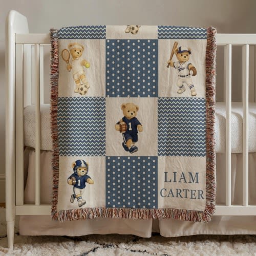 Personalized Teddy Bear Woven Blanket, Vintage Sports Bear Nursery Decor, Custom Name Baby Blanket, Classic Nursery Gift