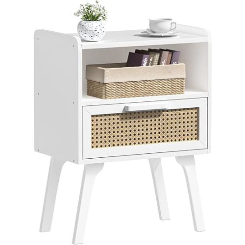 Lerliuo Rattan Nightstand, Bedside Table with Drawer Open Shelf, Cane Accent Side End Table with Solid Wood Legs, White Mid Century Night Stand for Bedroom, Dorm and Small Spaces