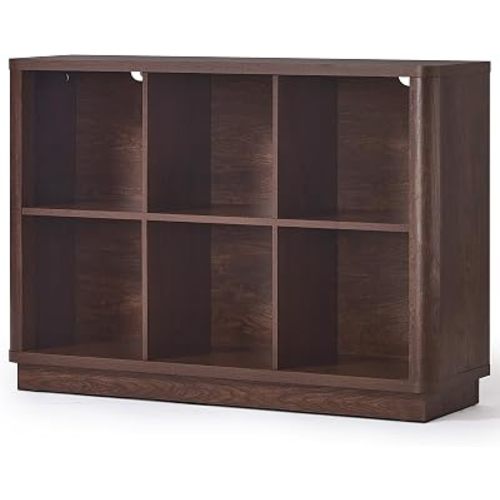 Joaxswe 6 Cube Bookcase, 40" Wide Low Horizontal Book Shelf w/Curved Edge, Wood Floor Standing 2-Tier Bookshelf with Base, Modern Short Storage Organizer for Bedroom,Office, Walnut