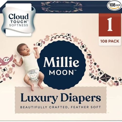 Millie Moon Luxury Diapers – Ultra Soft Cloud Touch Disposable Diapers with 12 Hour Absorbency & Wetness Indicator (1-108ct)