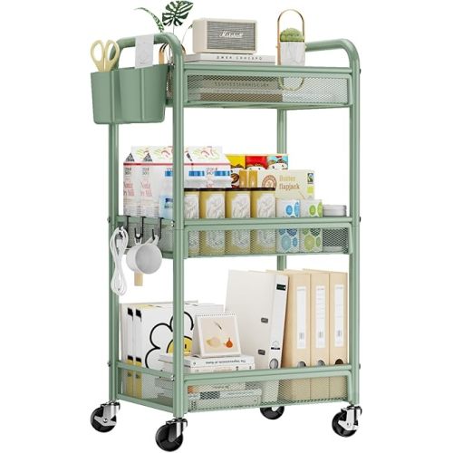 YASONIC 3 Tier Rolling Cart – Metal Utility Storage Carts with Wheels, Craft Carts Organizer with Hanging Cups, Hooks, Mesh Basket for Bedside Kitchen Office Art, Green