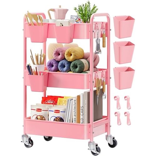 3 Tier Rolling Cart Metal with Lockable Wheels, Pink Three Tiered Diaper Caddy Cart Organizer on Wheels, Storage Utility Trolley Carts for Craft, Art, Nail, Lash, Baby Supplies, Cleaning, Mesh
