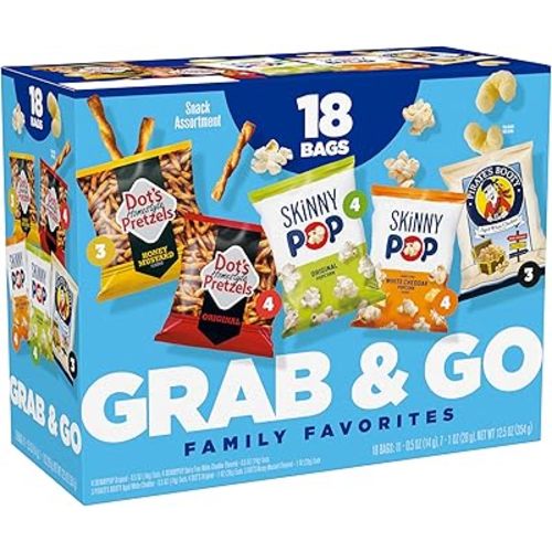 SkinnyPop Family Favorites Variety Pack, Vegan, Original and Dairy Free White Cheddar Popcorn, Dot's and Honey Mustard Pretzels, Pirate's Booty, On-the-Go Snacks, 0.5oz and 1oz Bags (18 Count)