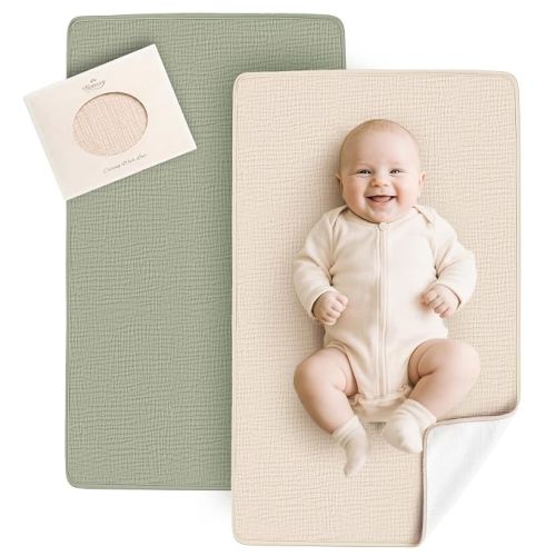 Konssy 2 Pack Waterproof Muslin Portable Changing Pad, Diaper Changing Mat | Soft & Foldable, Cotton Surface with Terry Backing & Waterproof Lining, for Newborn Girls & Boys, 30" x 17" (Pink,Blossom)