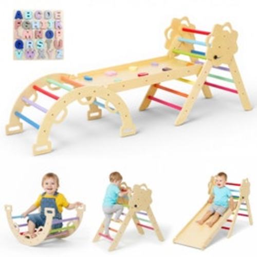 Advwin Climb Playset Kids Climbing Frame Wood Rocking Arch Slide Set w/Double Sided Ramp and Montessori Alphabet Puzzle