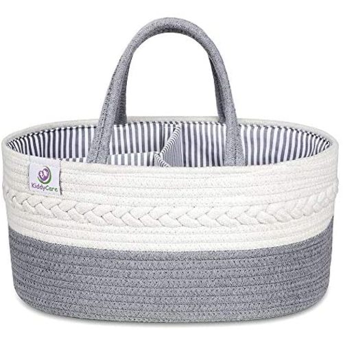 KiddyCare Baby Diaper Caddy Organizer - Stylish Rope Nursery Storage Bin 100% Cotton Canvas Portable Diaper Storage Basket for Changing Table & Car - Top Baby Shower Gift