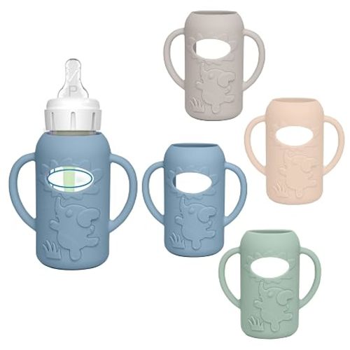 4 Pack Silicone Sleeves for Dr. Brown's Glass Baby Bottles -Drop Protection Easy-Grip Baby Bottle Sleeves Holder with Handles, Compatible with Dr. Brown's Newborn Glass Bottles 8 oz/250 mL
